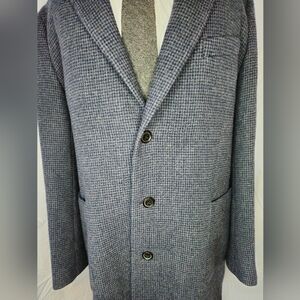 Brooks Brothers Blue Houndstooth Wool Car Coat 46R Classic Overcoat
